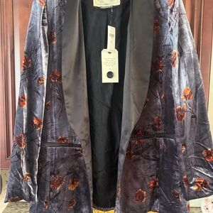 Cartonnier Velvet Floral Blazer in Deep Blue with Rust Floral Accents